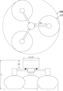 BELL Plafond 3-arm 42cm Svart/Opalvit